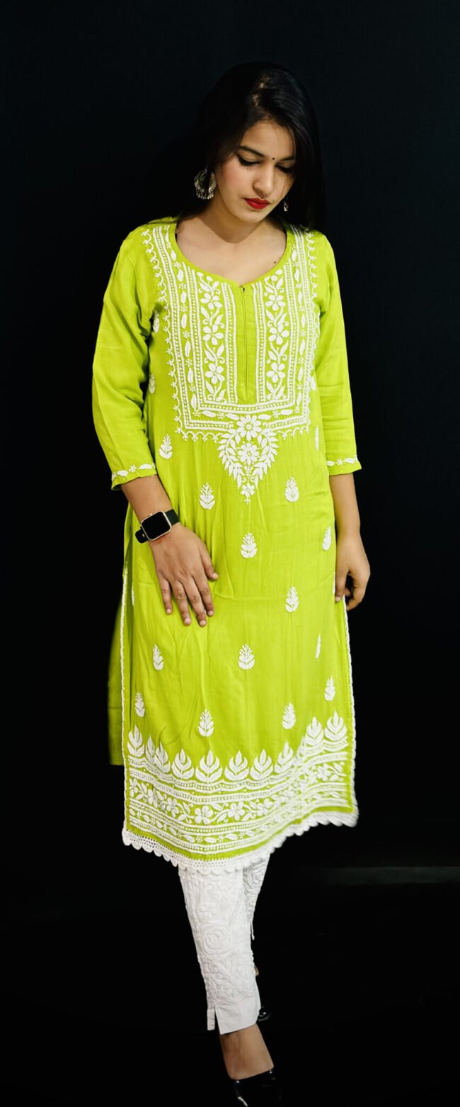 Parrot Green Quraishiya Kurti 3D Ghasspatti work