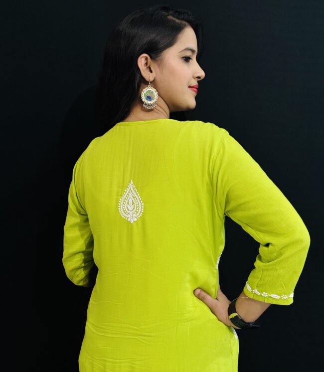 Parrot Green Quraishiya Kurti 3D Ghasspatti work - Image 3