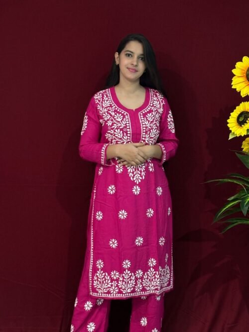 Pink co-ord set rayon fabric ghaspatti work