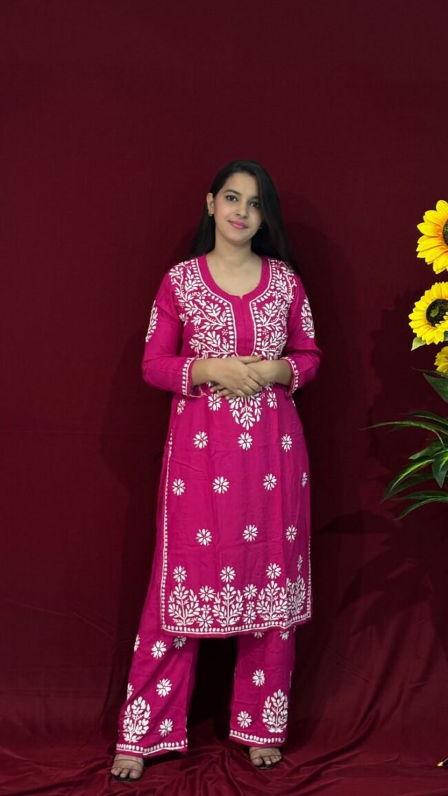 Pink co-ord set rayon fabric ghaspatti work