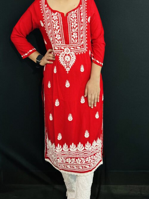 Red Quraishiya Kurti 3D Ghasspatti work