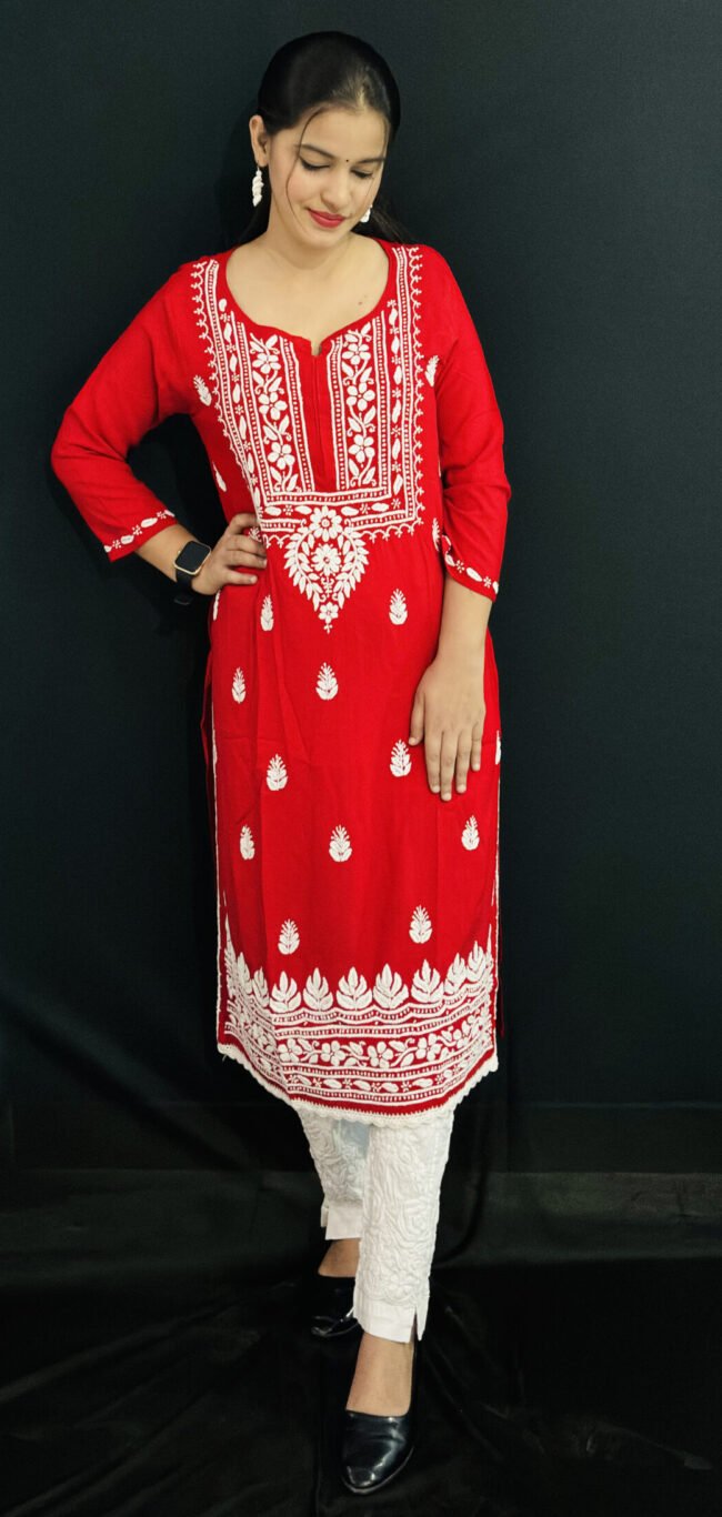 Red Quraishiya Kurti 3D Ghasspatti work