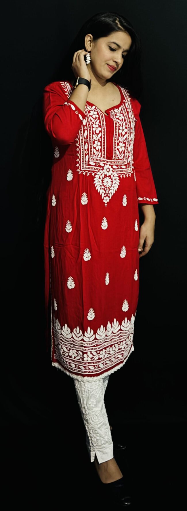 Red Quraishiya Kurti 3D Ghasspatti work - Image 2