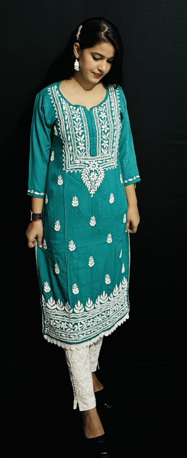 Bottle green Quraishiya Kurti 3D Ghasspatti work