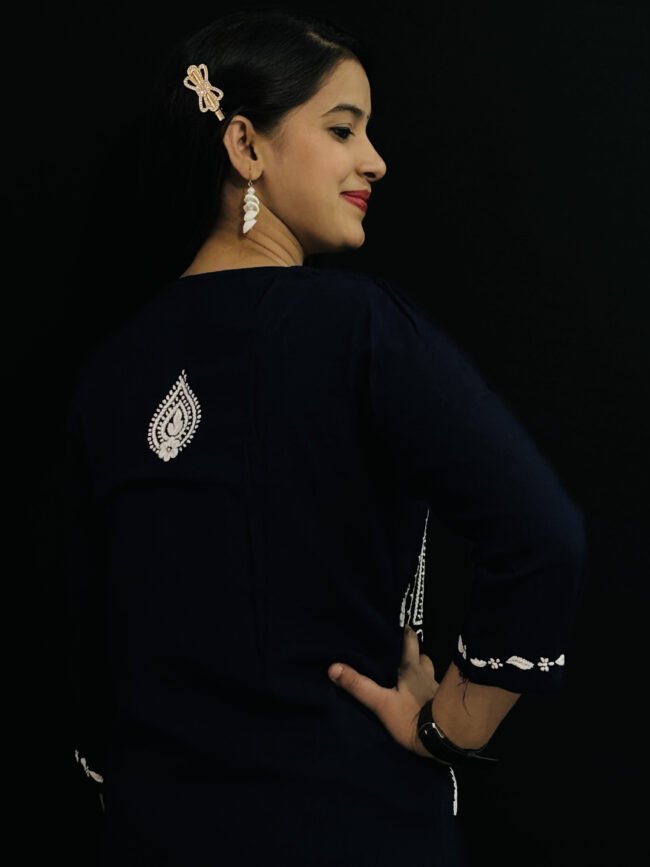 Navy Blue Quraishiya Kurti 3D Ghasspatti work - Image 3