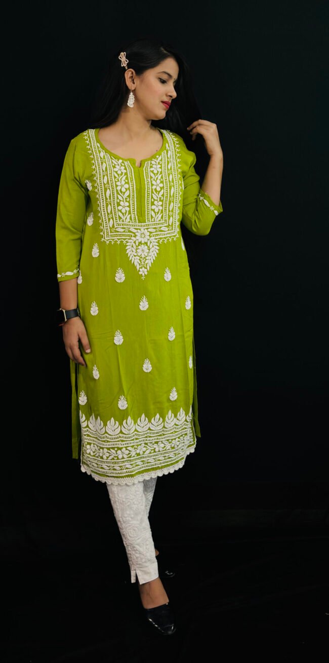 Neon green Quraishiya Kurti 3D Ghasspatti work - Image 2