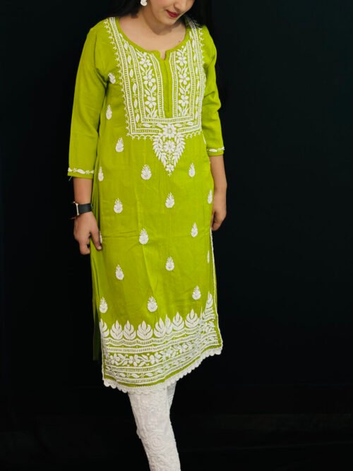 Neon green Quraishiya Kurti 3D Ghasspatti work