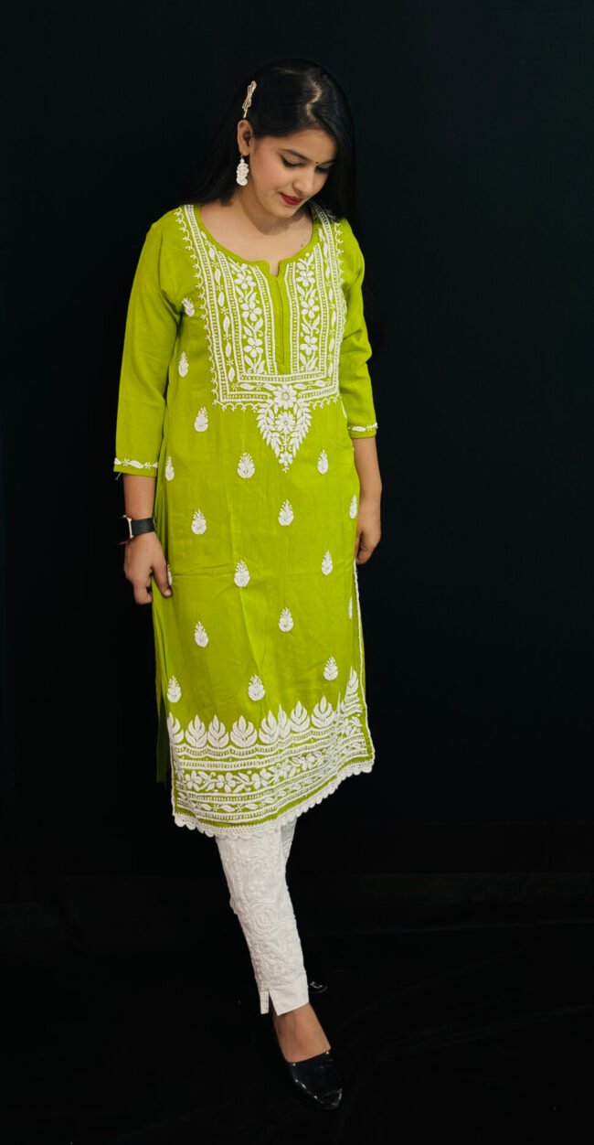Neon green Quraishiya Kurti 3D Ghasspatti work
