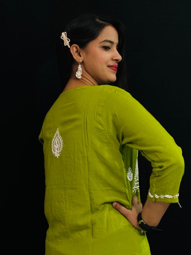 Neon green Quraishiya Kurti 3D Ghasspatti work - Image 3