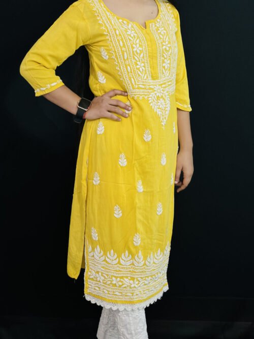 Yellow Quraishiya Kurti 3D Ghasspatti work