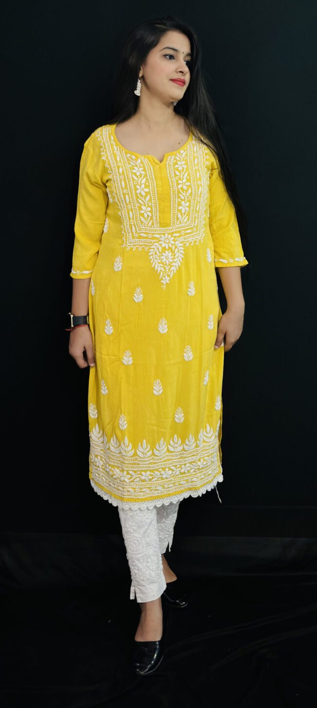 Yellow Quraishiya Kurti 3D Ghasspatti work - Image 2