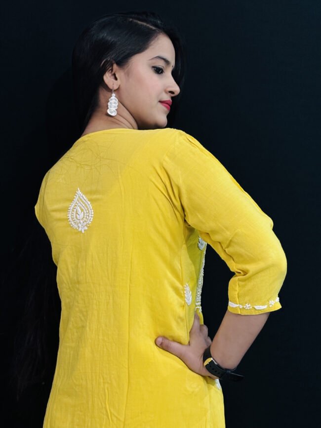 Yellow Quraishiya Kurti 3D Ghasspatti work - Image 3