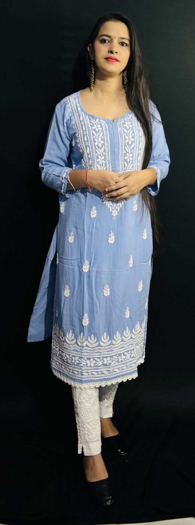 Sky Blue Quraishiya Kurti 3D Ghasspatti work