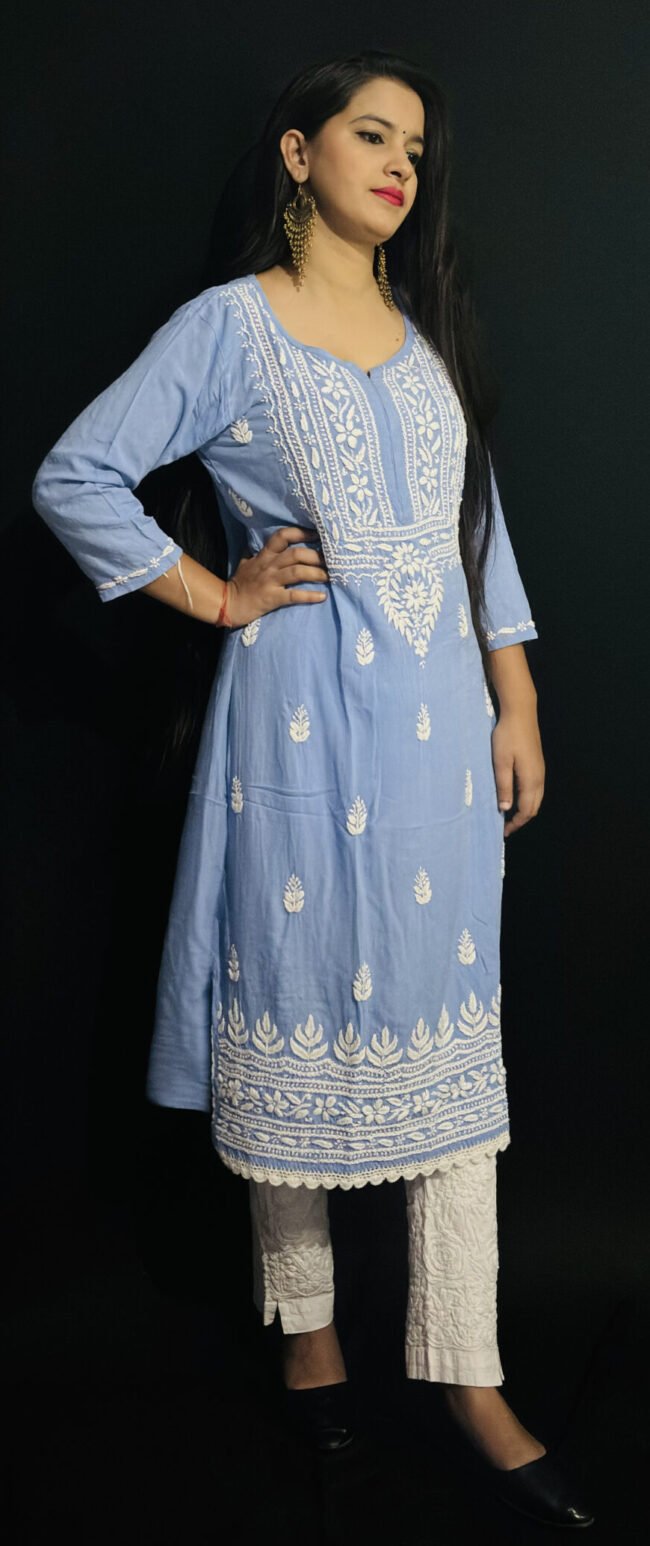 Sky Blue Quraishiya Kurti 3D Ghasspatti work - Image 2