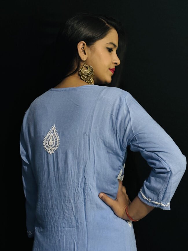 Sky Blue Quraishiya Kurti 3D Ghasspatti work - Image 3