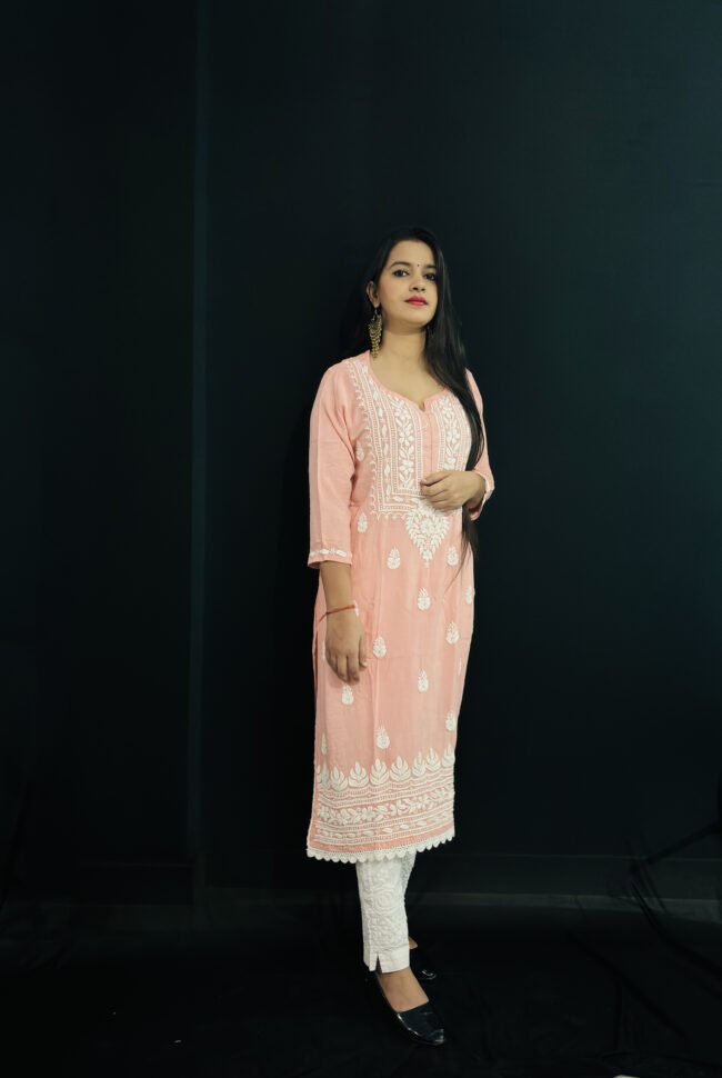 Peach Quraishiya Kurti 3D Ghasspatti work - Image 2