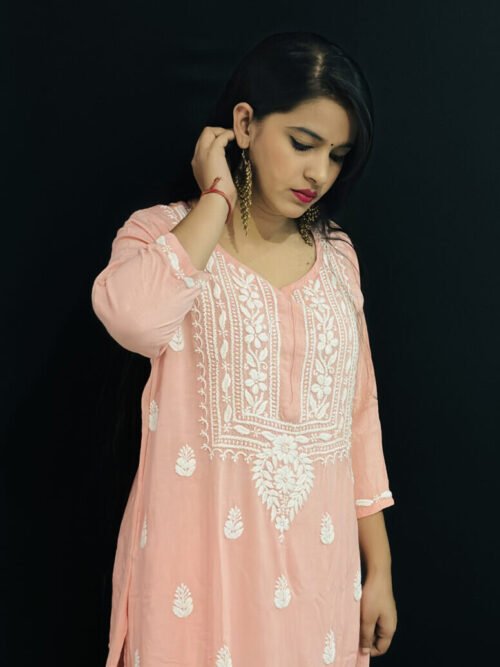 Peach Quraishiya Kurti 3D Ghasspatti work