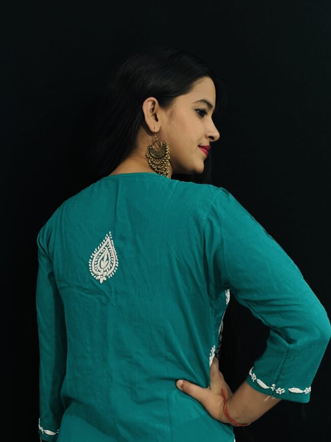 Bottle green Quraishiya Kurti 3D Ghasspatti work - Image 3