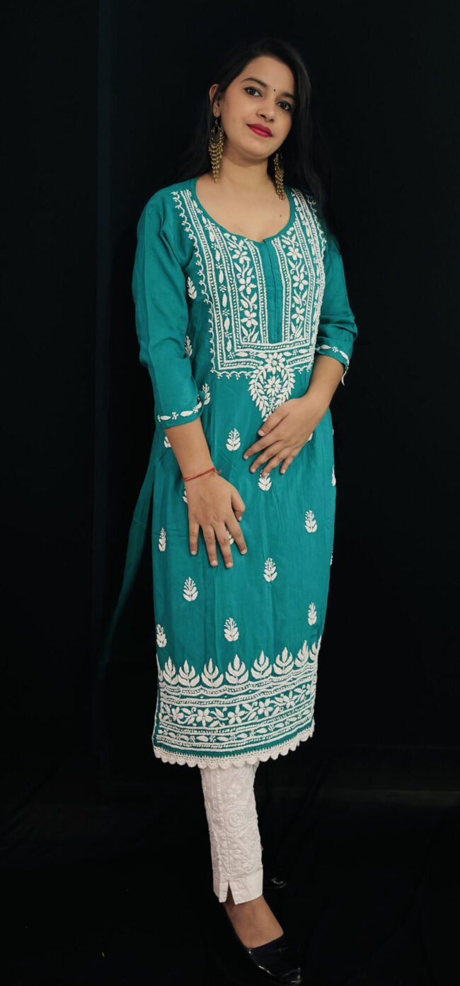 Bottle green Quraishiya Kurti 3D Ghasspatti work - Image 2
