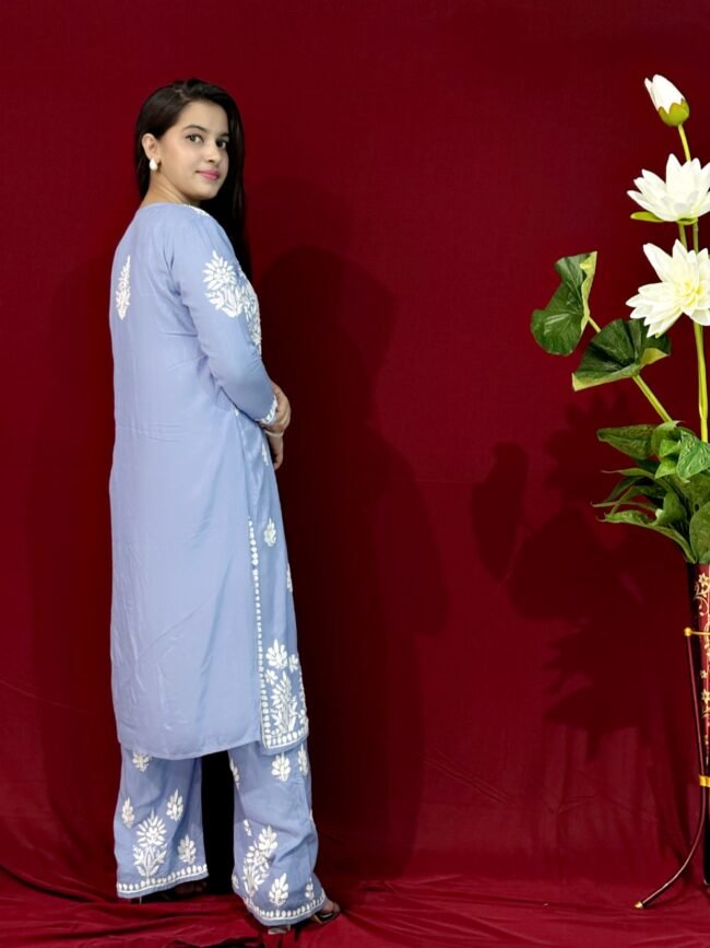 Sky blue Rayon Fabric Kurti ghasspatti work - Image 3