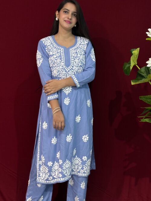 Sky blue Rayon Fabric Kurti ghasspatti work
