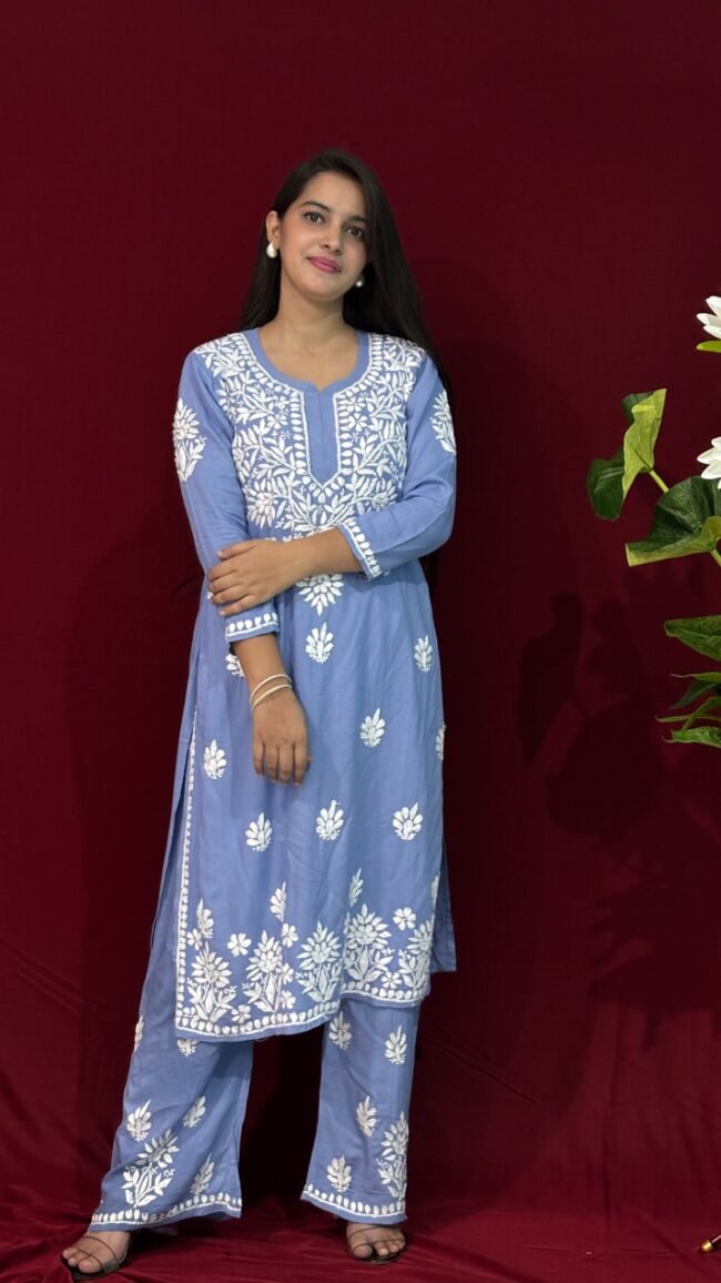 Sky blue Rayon Fabric Kurti ghasspatti work