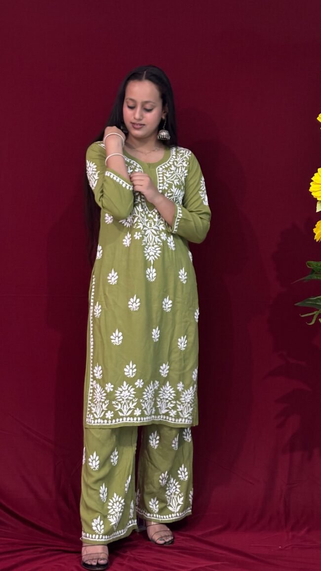 Green Rayon Fabric  Co-ord set ghasspatti work - Image 2