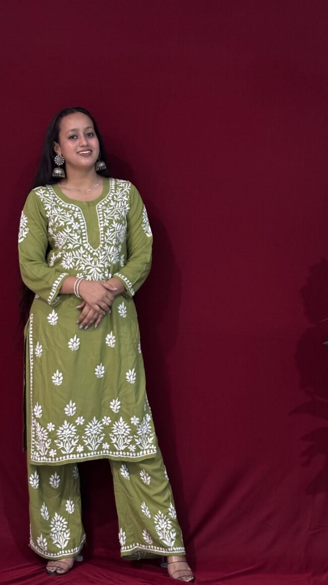 Green Rayon Fabric  Co-ord set ghasspatti work