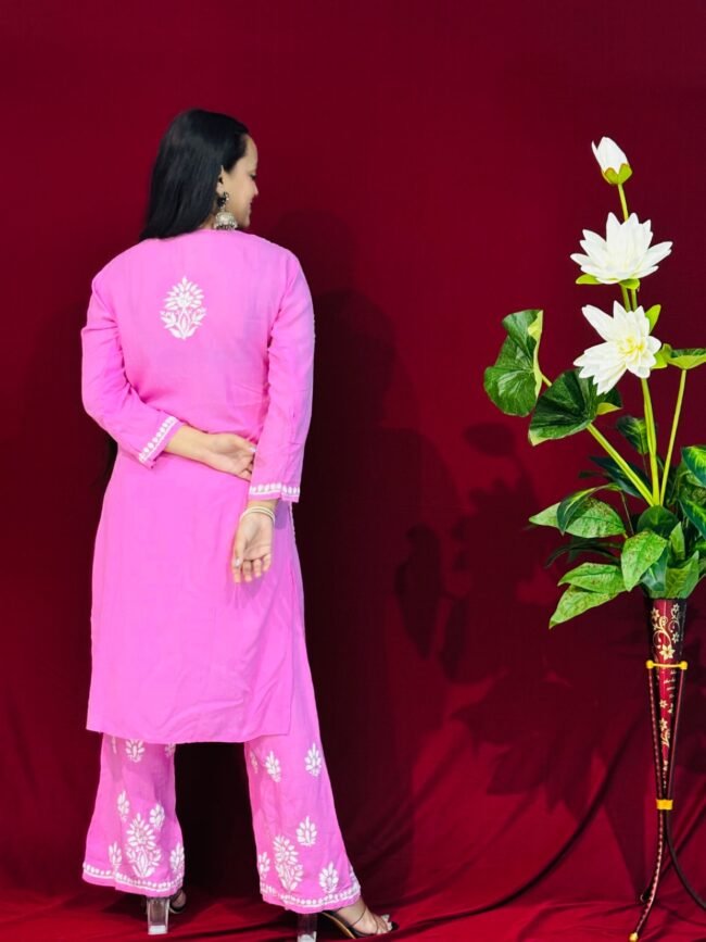 Pink Rayon Fabric  Co-ord set ghasspatti work - Image 3