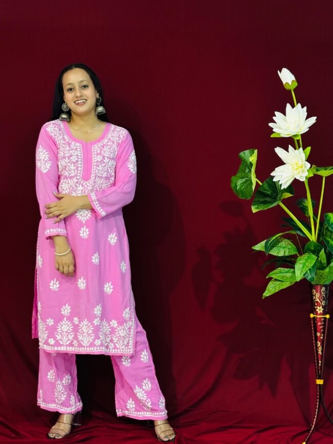 Pink Rayon Fabric  Co-ord set ghasspatti work - Image 2