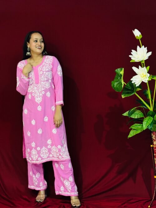 Pink Rayon Fabric  Co-ord set ghasspatti work