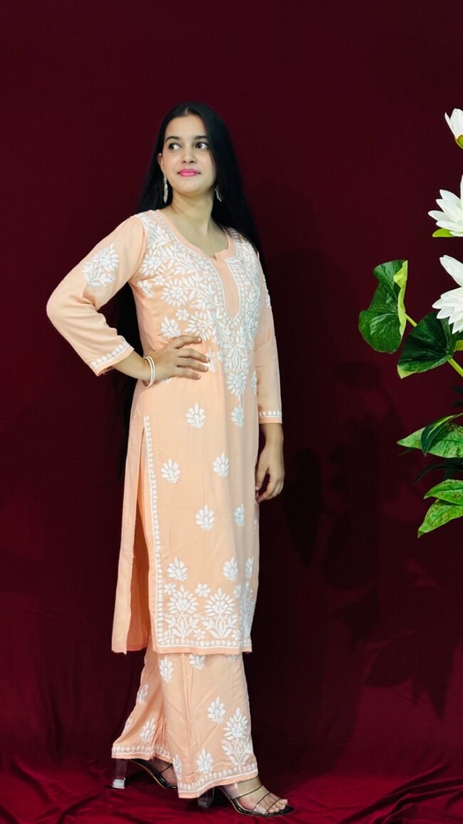 Peach Rayon Fabric  Co-ord set ghasspatti work - Image 2