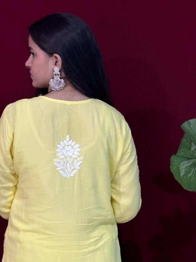Yellow Rayon Fabric  Co-ord set ghasspatti work - Image 3