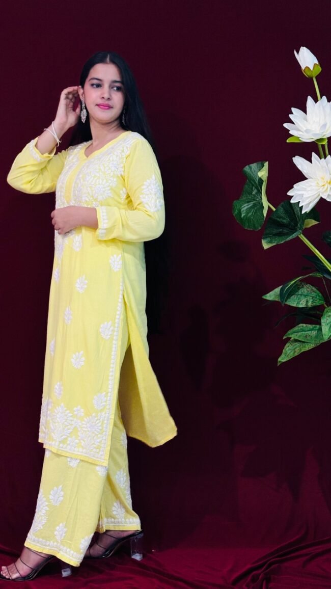 Yellow Rayon Fabric  Co-ord set ghasspatti work - Image 2