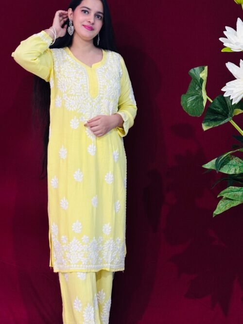 Yellow Rayon Fabric  Co-ord set ghasspatti work