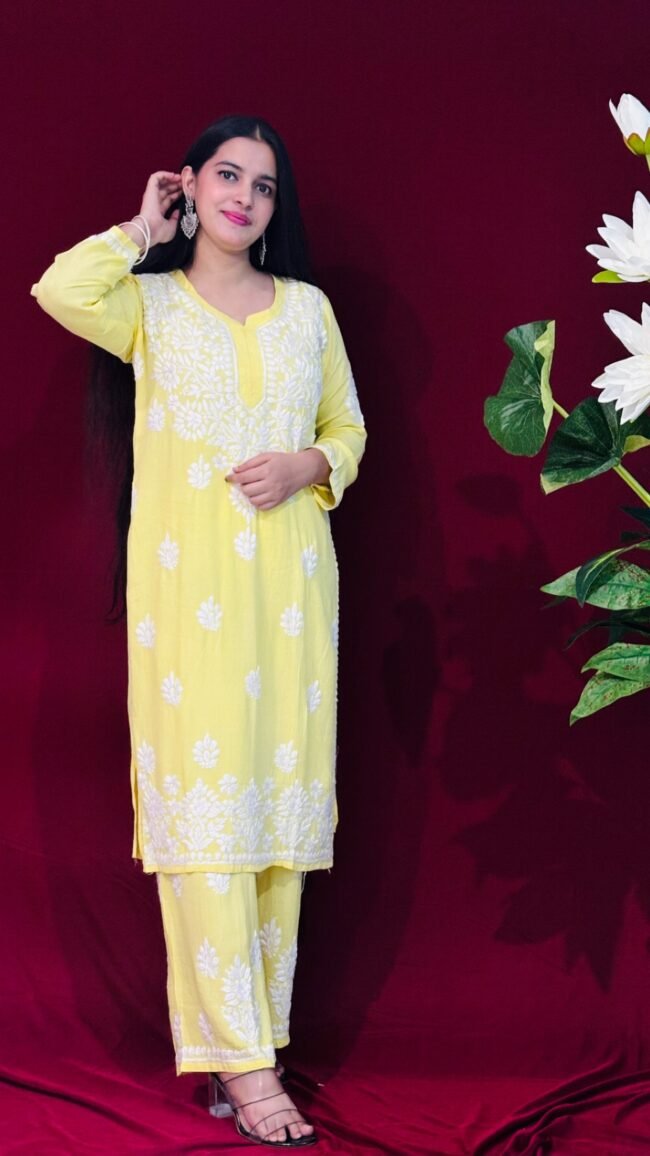 Yellow Rayon Fabric  Co-ord set ghasspatti work