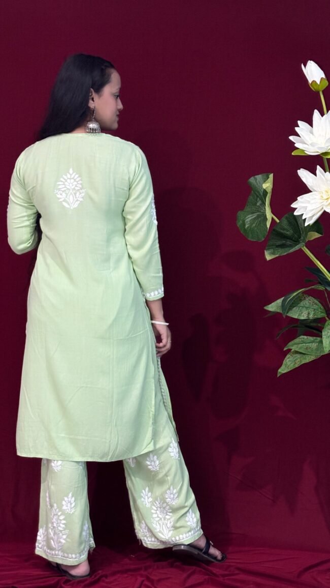 Light Green Rayon Fabric  Co-ord set ghasspatti work - Image 2