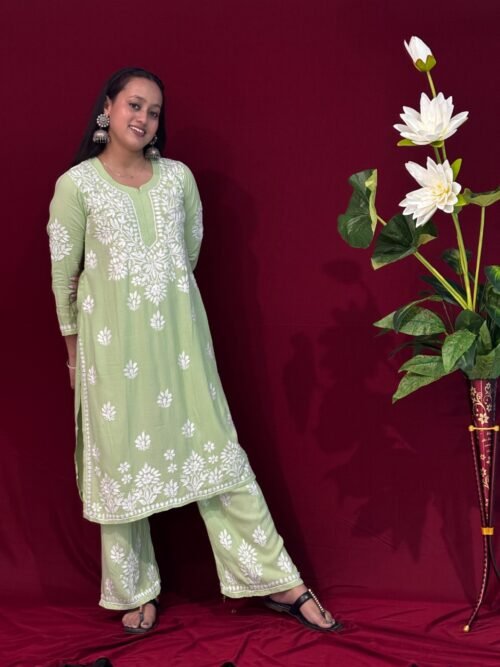 Light Green Rayon Fabric  Co-ord set ghasspatti work