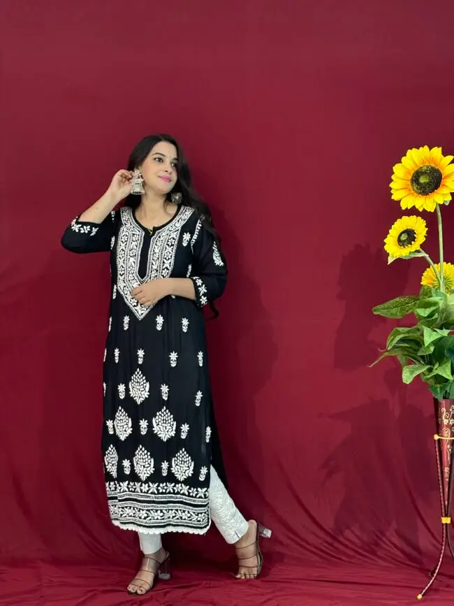 Black Handmade Quraishiya Kurti 3D work - Image 2