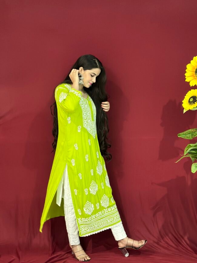 Neon green Handmade Quraishiya Kurti 3D work - Image 3
