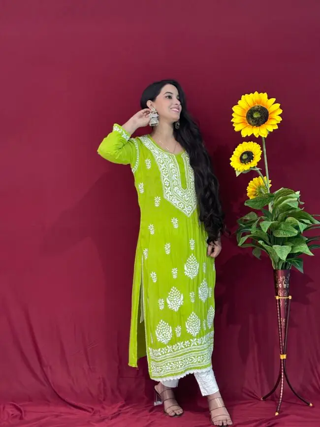 Neon green Handmade Quraishiya Kurti 3D work - Image 2