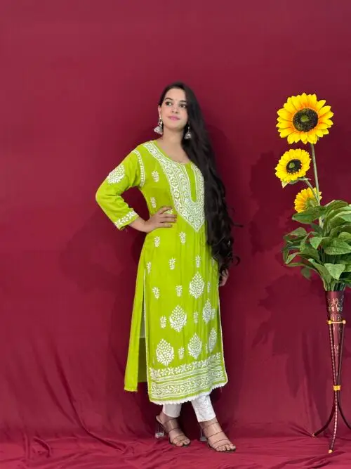 Neon green Handmade Quraishiya Kurti 3D work