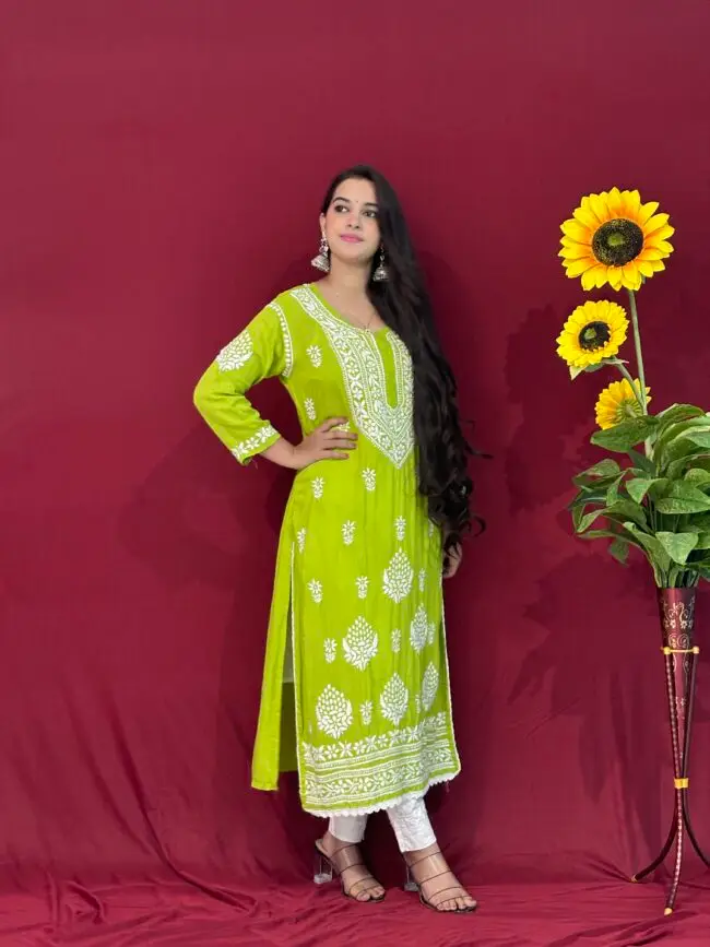Neon green Handmade Quraishiya Kurti 3D work