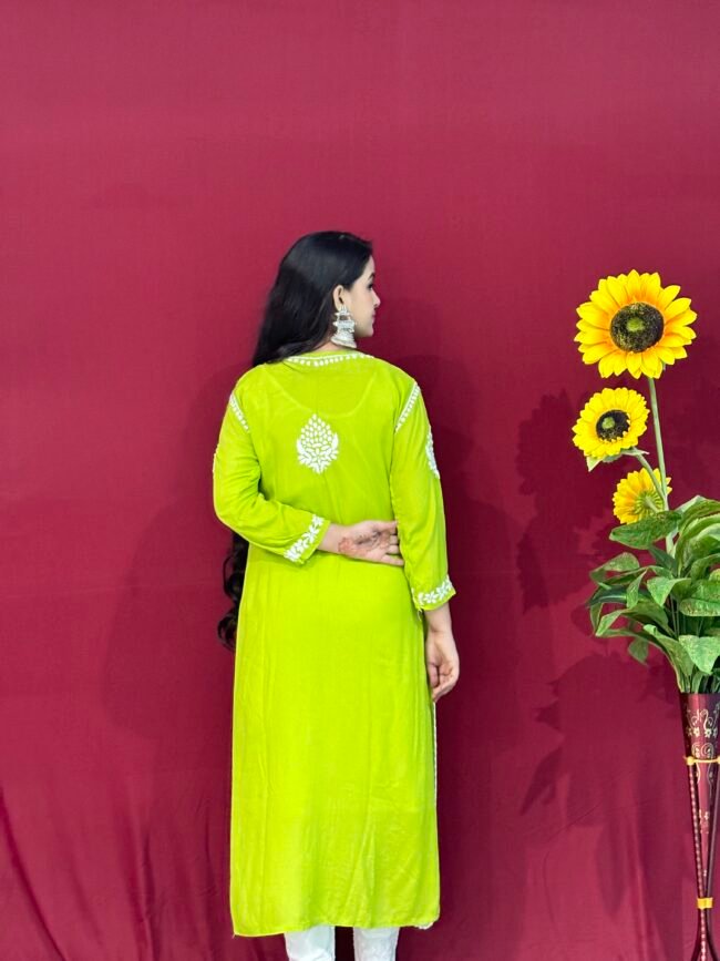Neon green Handmade Quraishiya Kurti 3D work - Image 4
