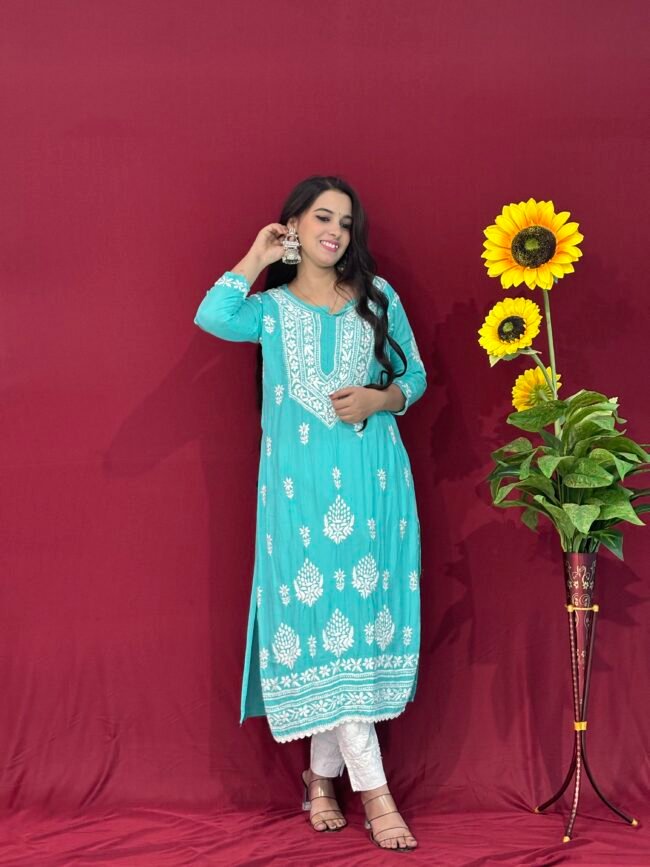Sky Blue Handmade Quraishiya Kurti 3D work - Image 3