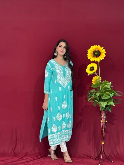 Sky Blue Handmade Quraishiya Kurti 3D work