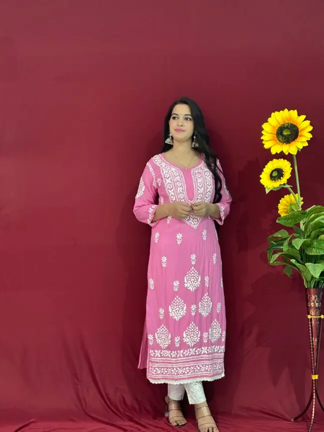 Pink Handmade Quraishiya Kurti 3D work - Image 2