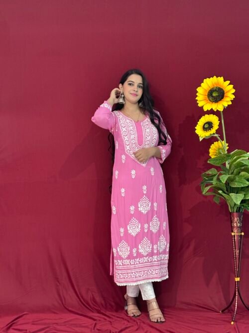 Pink Handmade Quraishiya Kurti 3D work