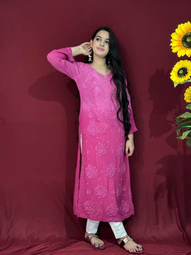 Pink Shade Viscose with Mukaish work 6D Kurti - Image 2