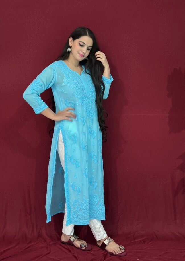 Blue Viscose with mukaish work 6D Kurti - Image 3